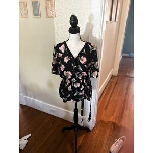 Sienna Sky Black Pink Floral Wrap Top Size S Peplum